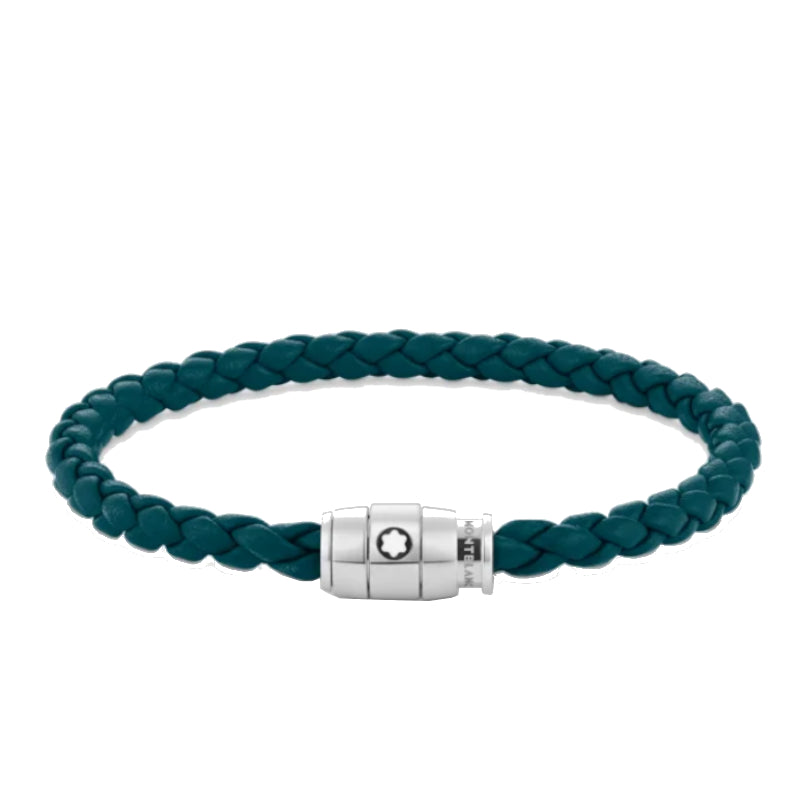 Bracelet Montblanc à 3 anneaux de la collection Montblanc Meisterstück en acier et en cuir bleu pétrole