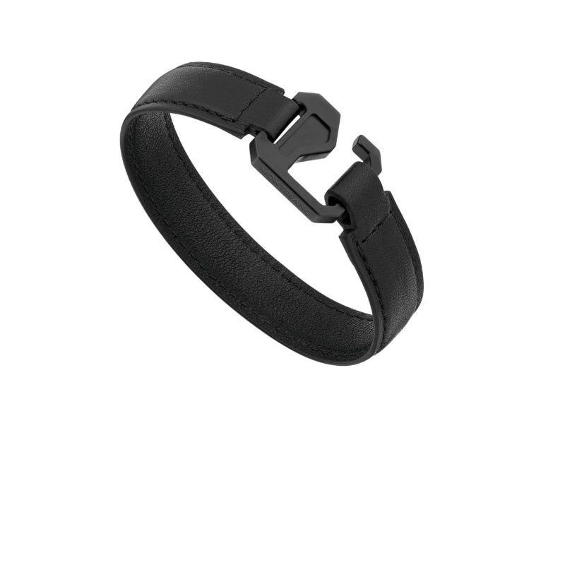 Bracelet homme en cuir noir avec fermoir en PVD noir